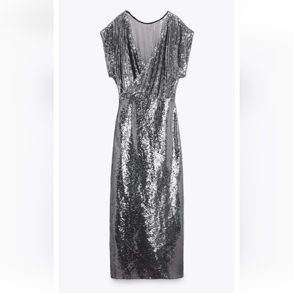 Zara SEQUIN SILVER LONG DRESS GOWN Size S - Picture 12 of 16